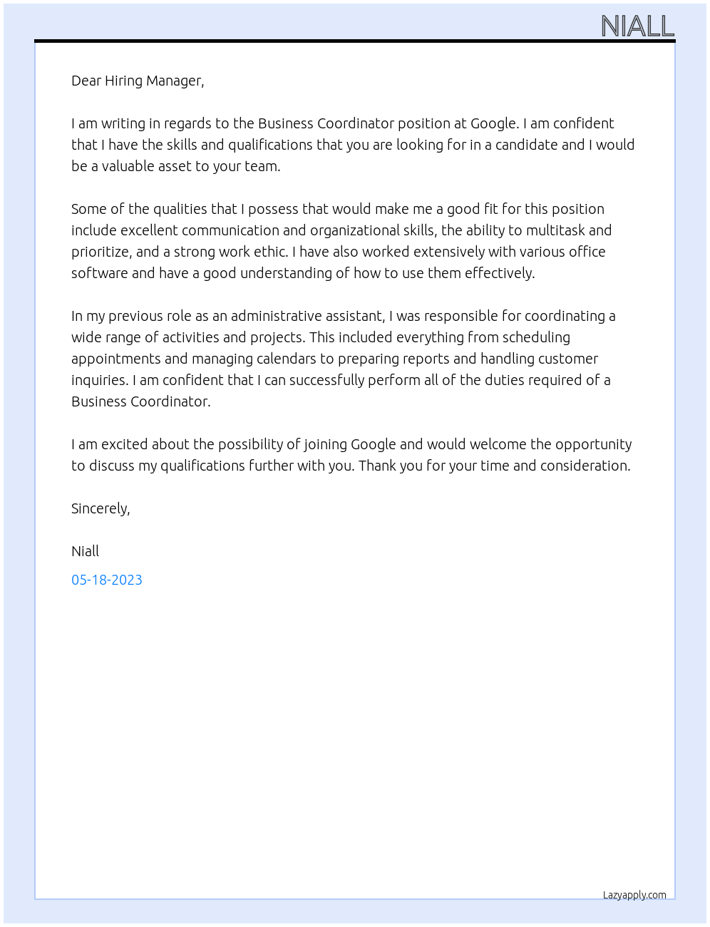 Business Coordinator At Google Cover Letter