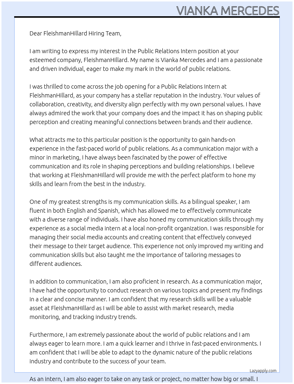 Public Relations Intern At FleishmanHillard Cover Letter