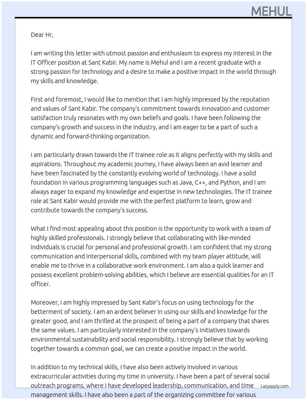 IT officer At Sant kabir Cover Letter