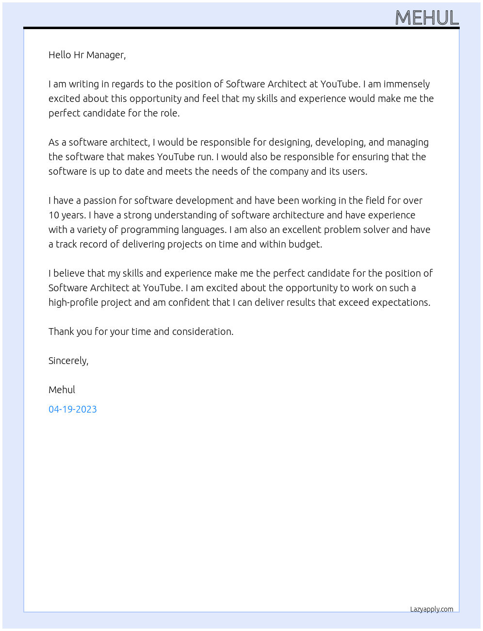 Software Architect At YouTube Cover Letter