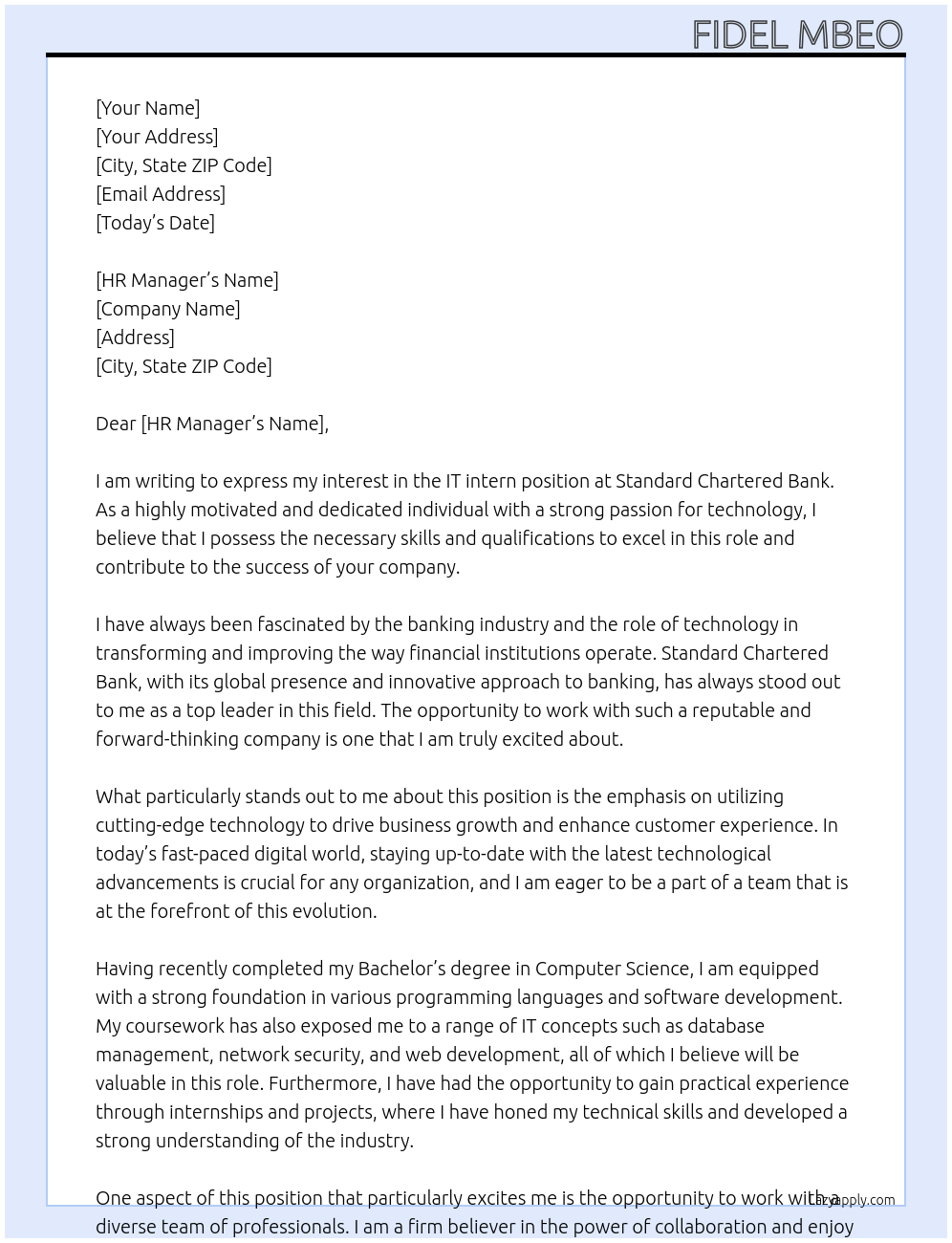 IT intern At Standard Chartered Bank Cover Letter