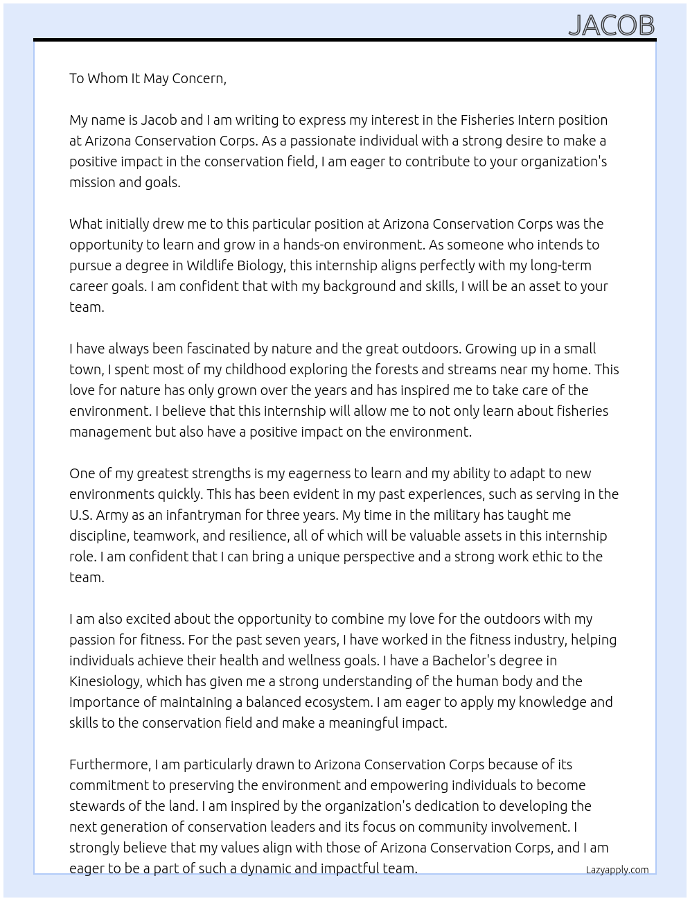 Fisheries Intern At Arizona Conservation Corps Cover Letter