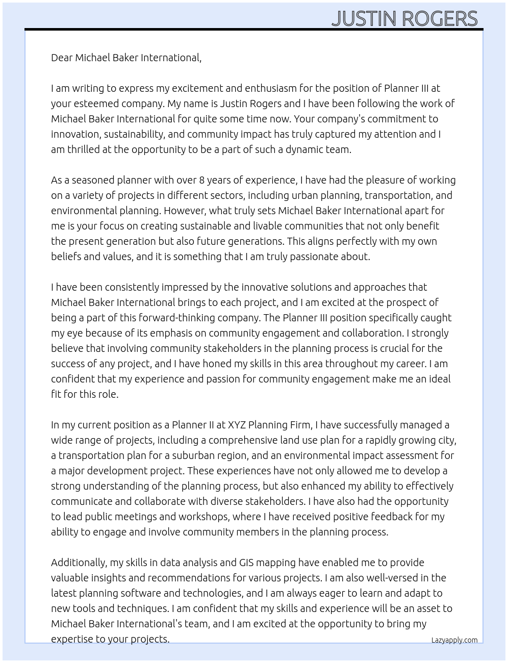 Planner III At Michael Baker International  Cover Letter