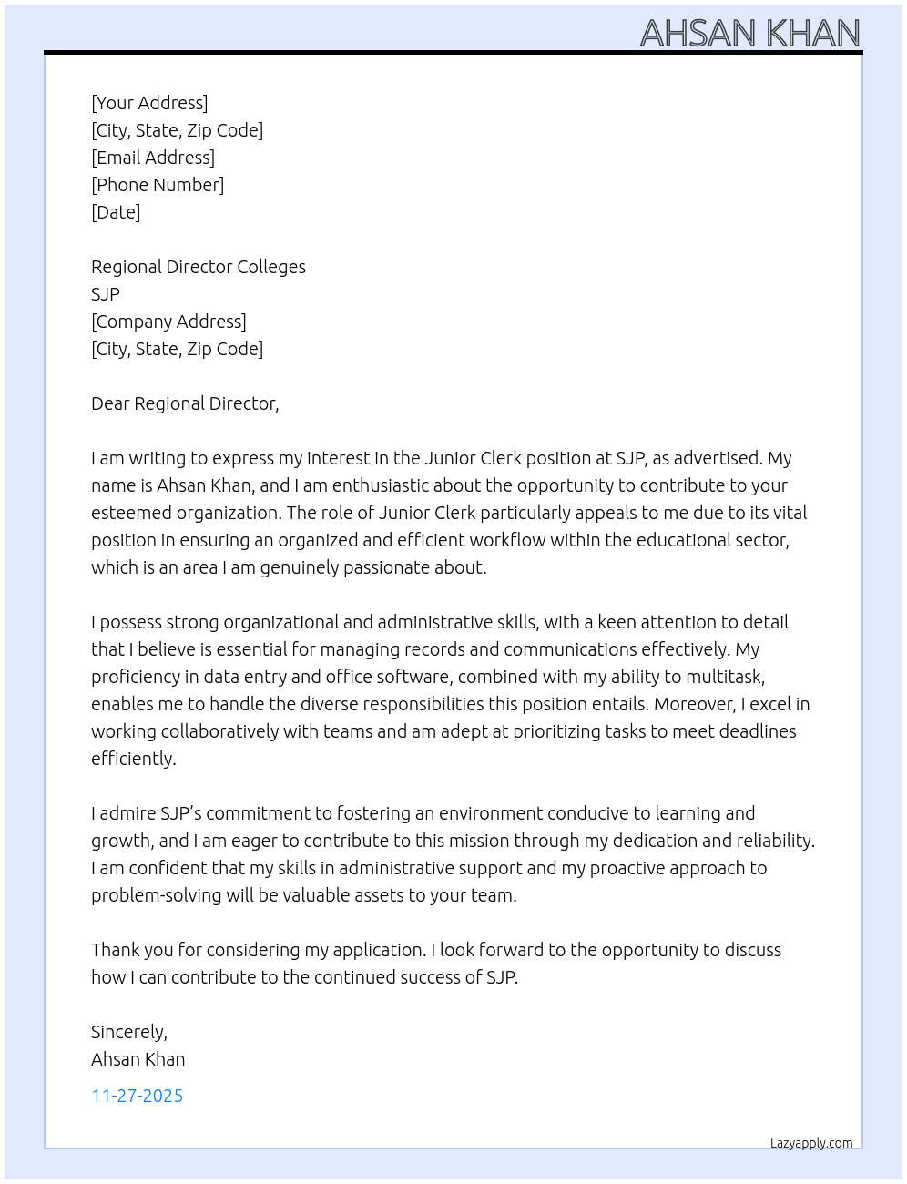 Junior Clerk At SJP Cover Letter