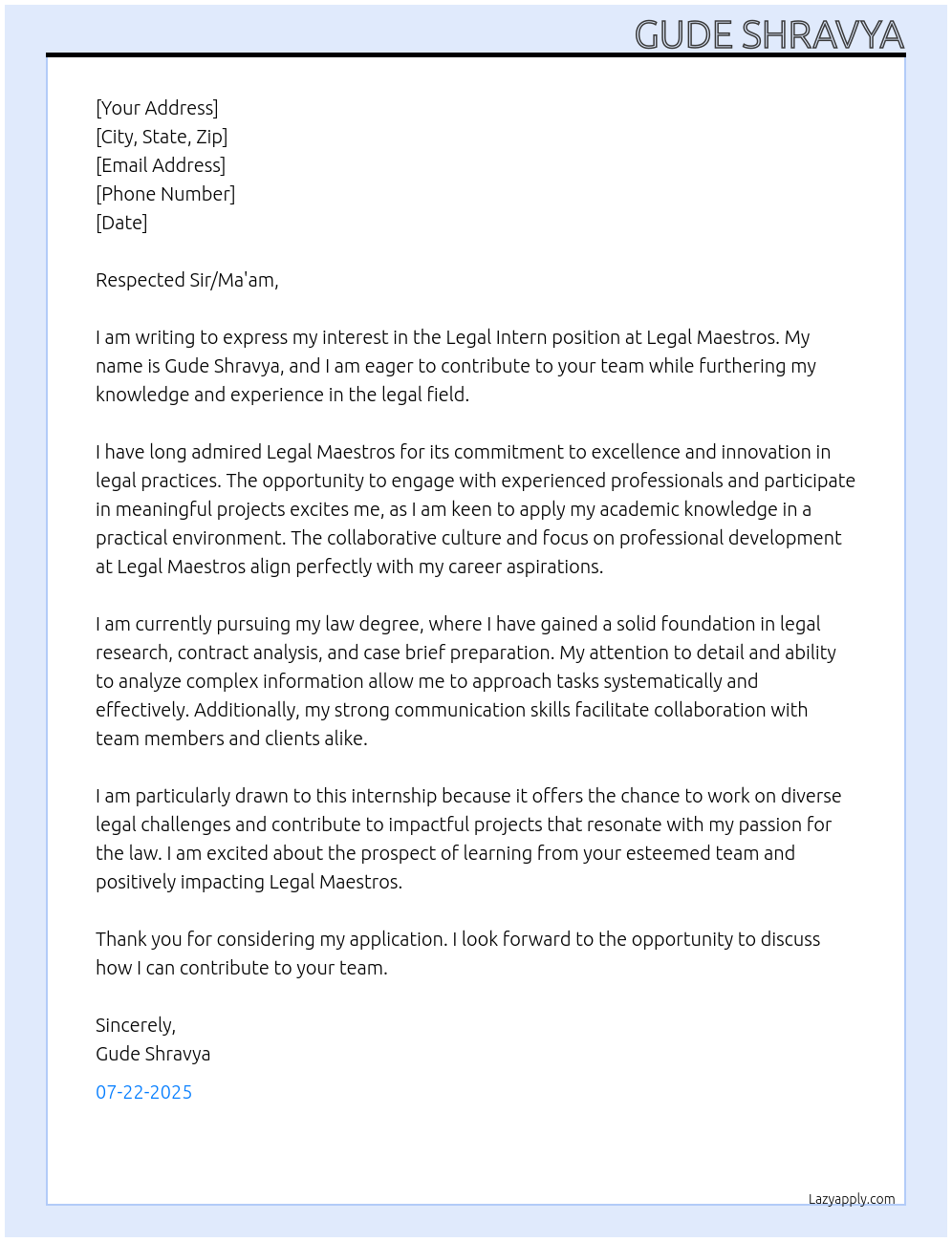 Legal intern At Legal Maestros Cover Letter