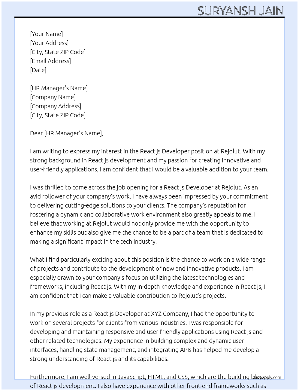 React js developer At Rejolut Cover Letter