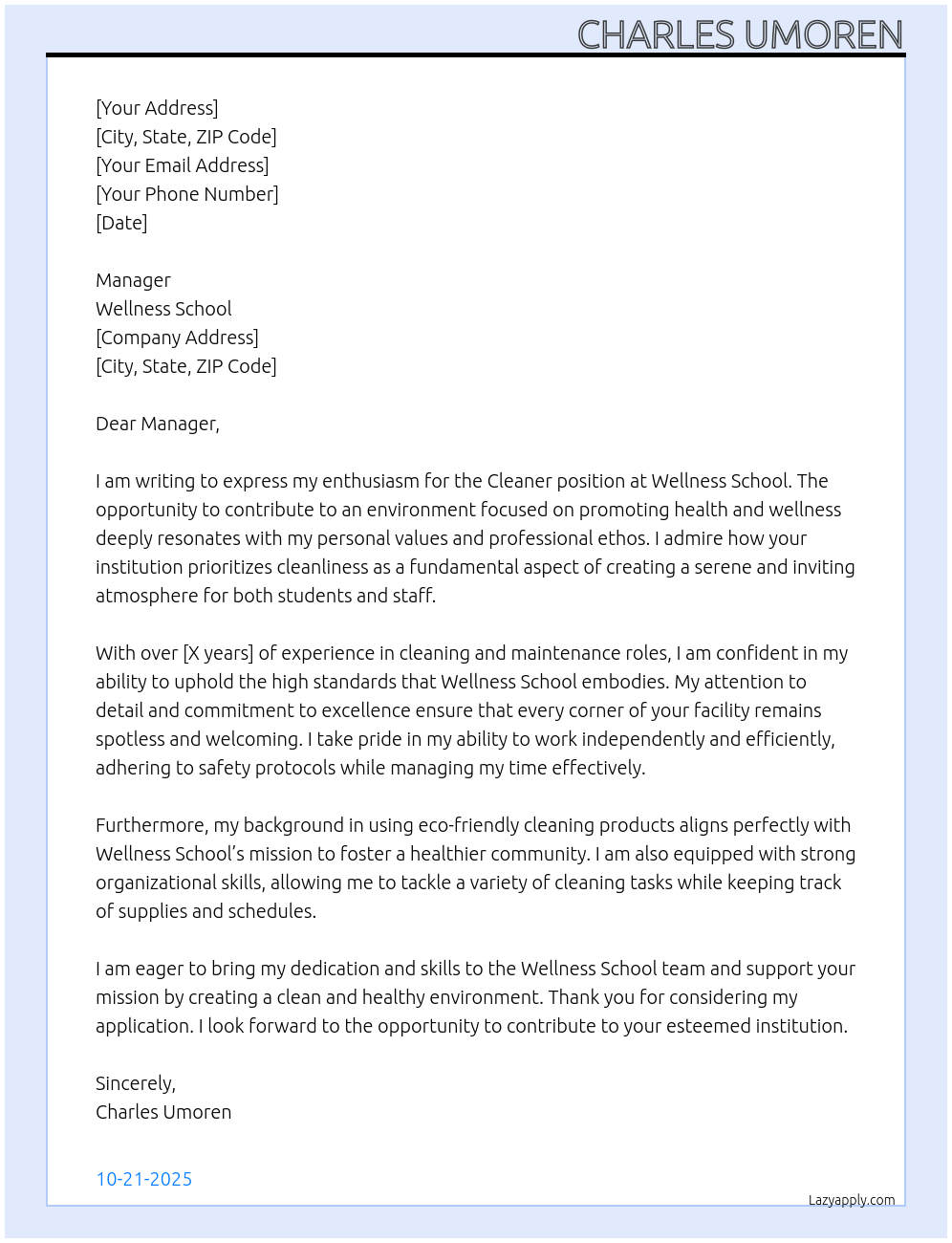 Cleaner At Wellness school Cover Letter