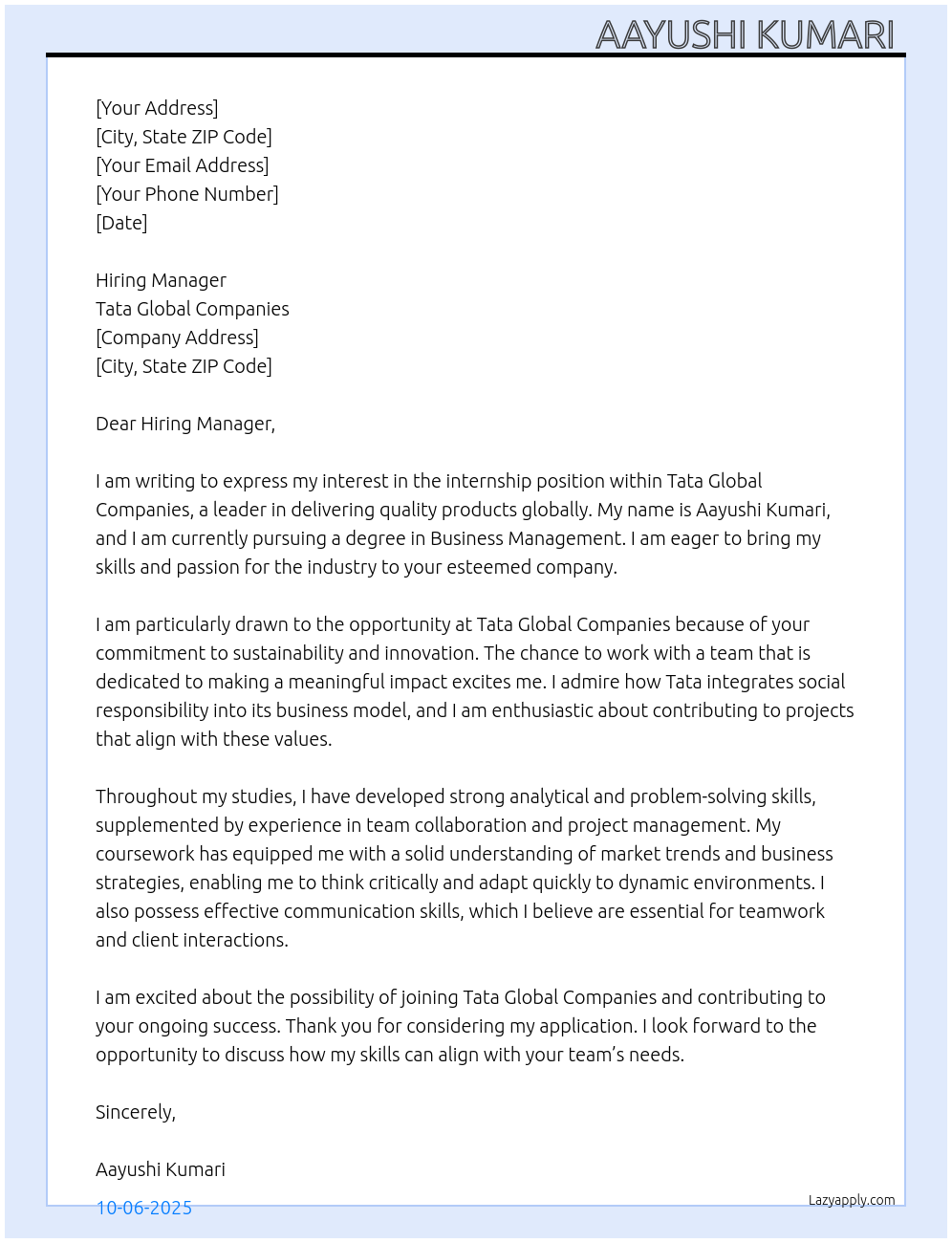 intership At Tata Global Companies Cover Letter