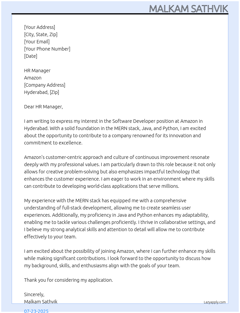 Software Developer  At Amazon Cover Letter