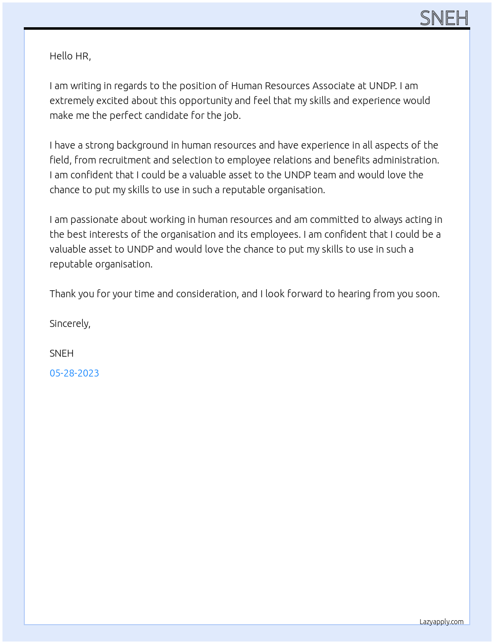 Human Resources Associate At UNDP Cover Letter