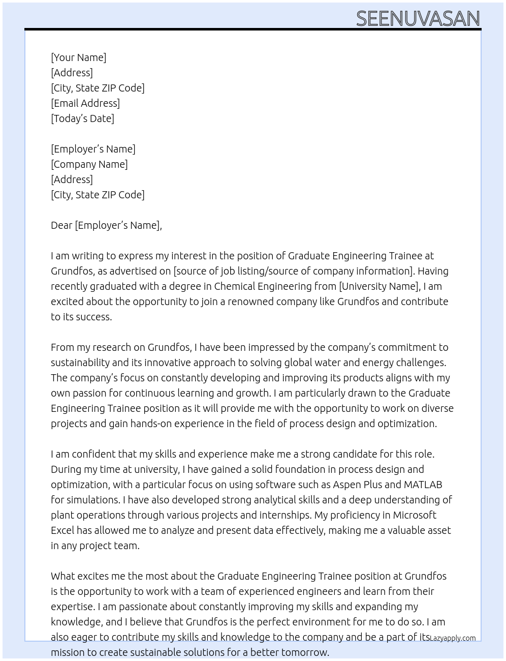 Graduate engineering trainee At Grundfos Cover Letter