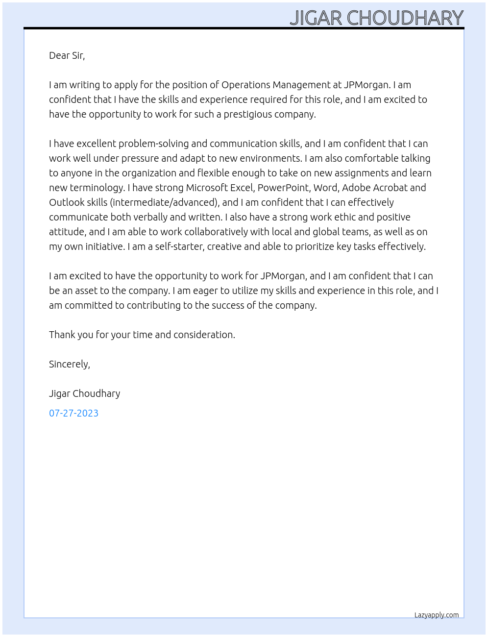 Operations Management At JPMorgan  Cover Letter