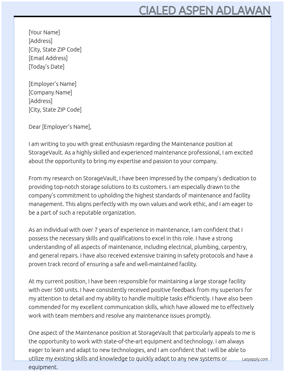 Maintenance  At StorageVault Cover Letter