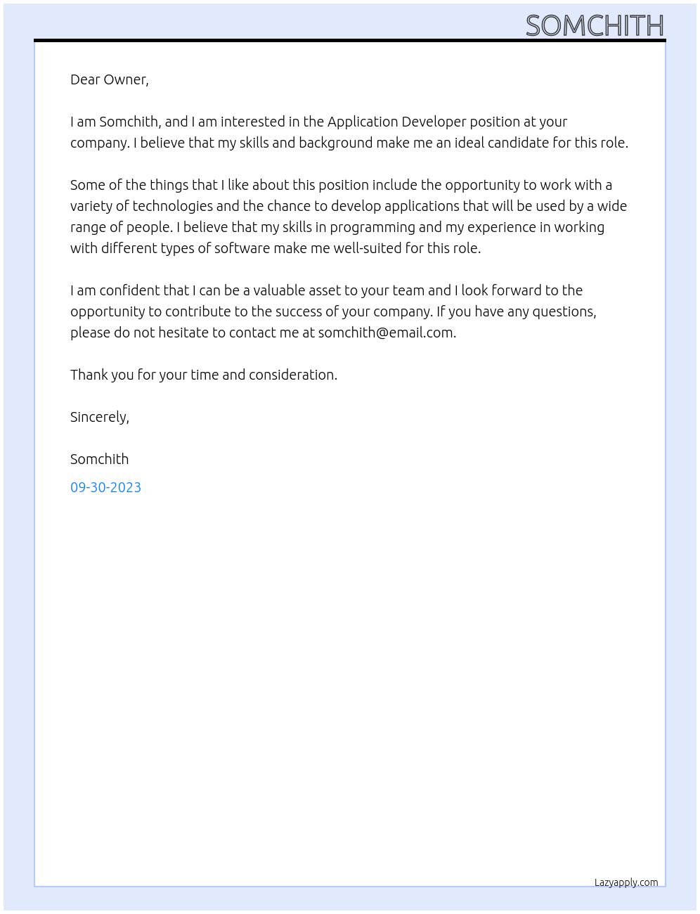 Application Developer At you Cover Letter