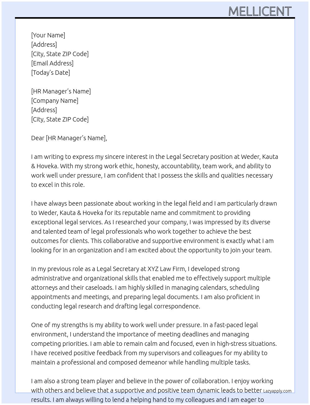 Legal secretary At Weder , Kauta & Hoveka Cover Letter