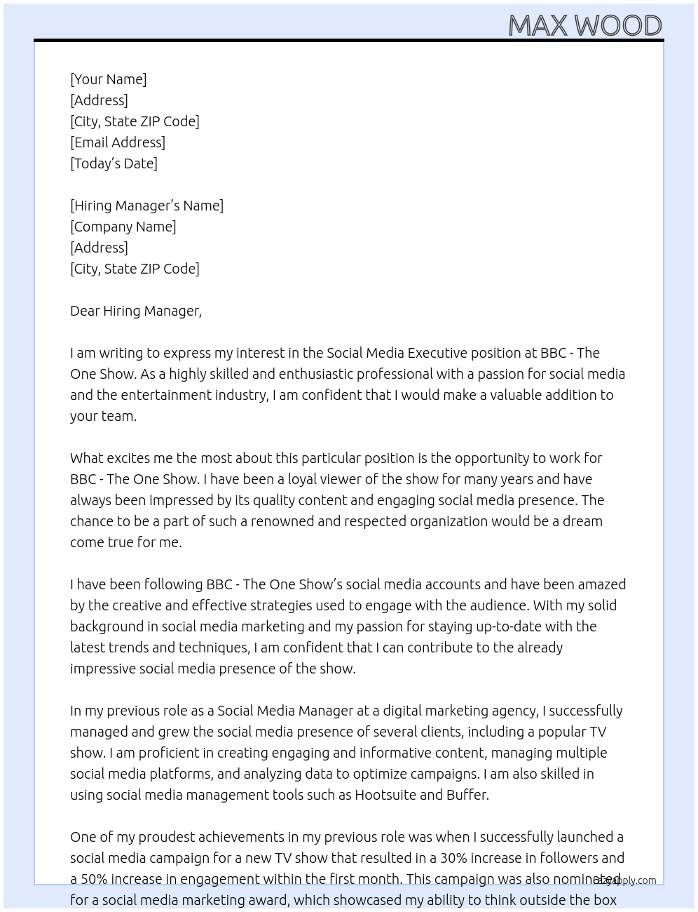 Social Media Executive At BBC - The One Show Cover Letter