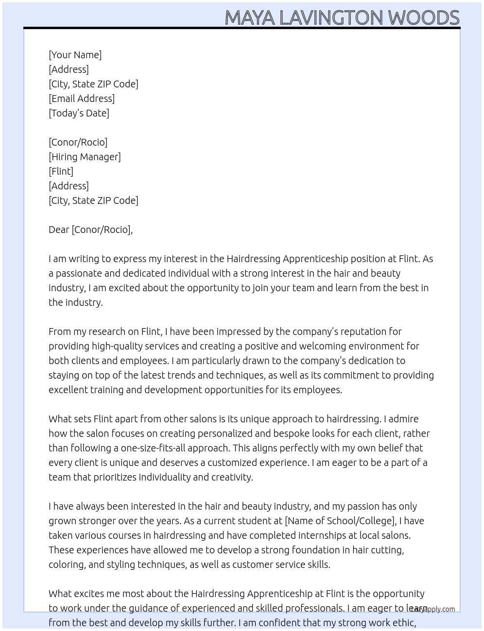 Cover letter for hairdressing apprenticeship - LazyApply