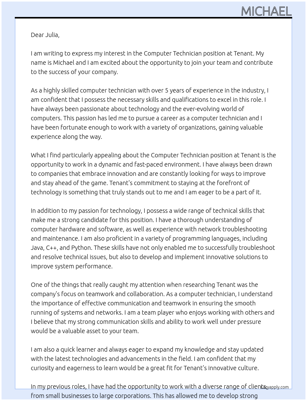 Computer Technician At Tenant Cover Letter