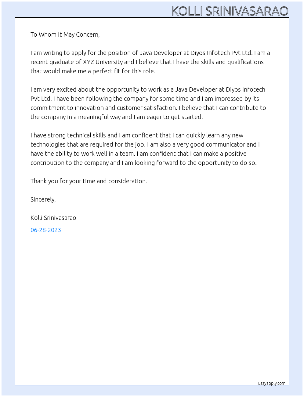 Java Developer fresher  At Diyos Infotech pvt ltd Cover Letter