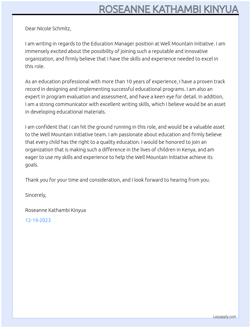 Education Manager At Well Mountain Initiative Cover Letter