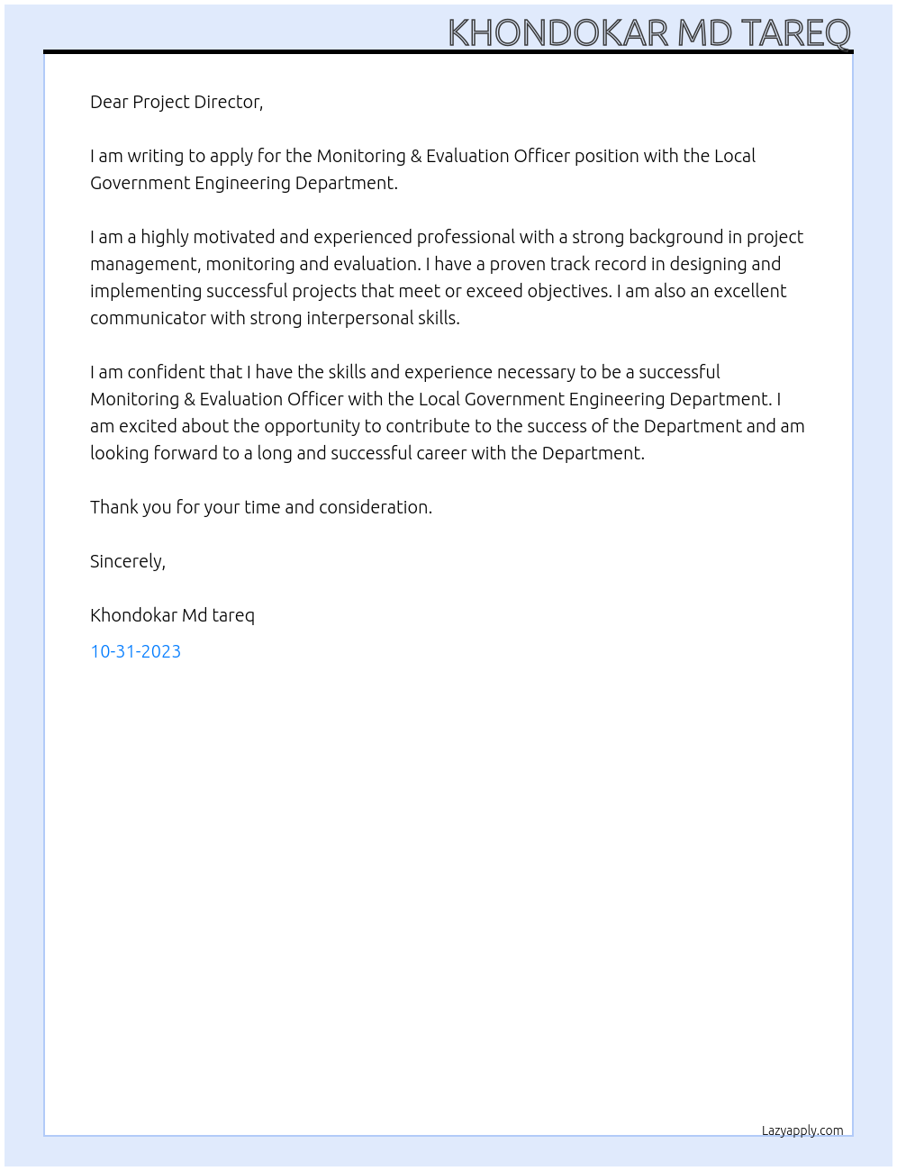 Monitoring & Evaluation Officer At Local Government Engineering Department Cover Letter