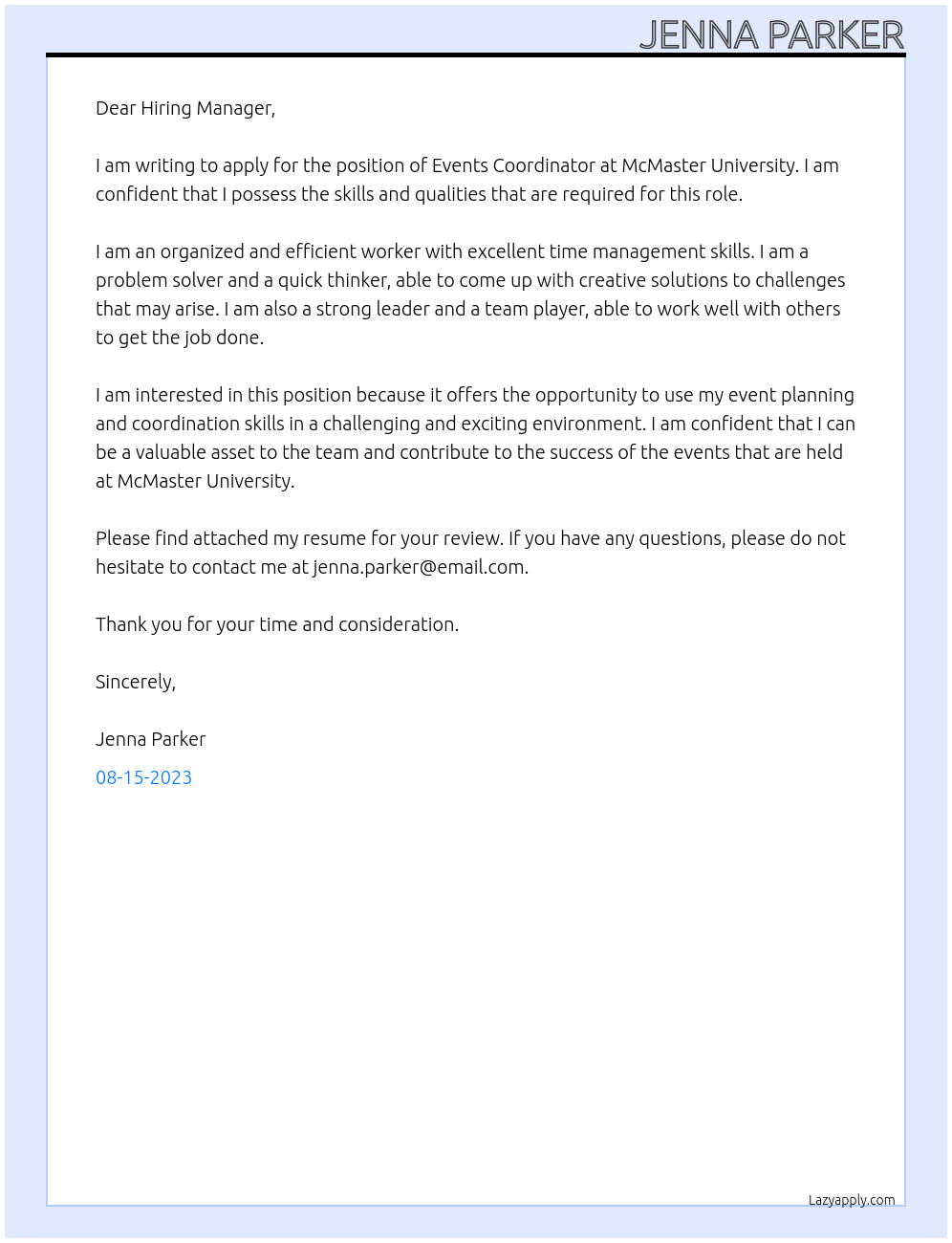 Events Coordinator At McMaster University Cover Letter