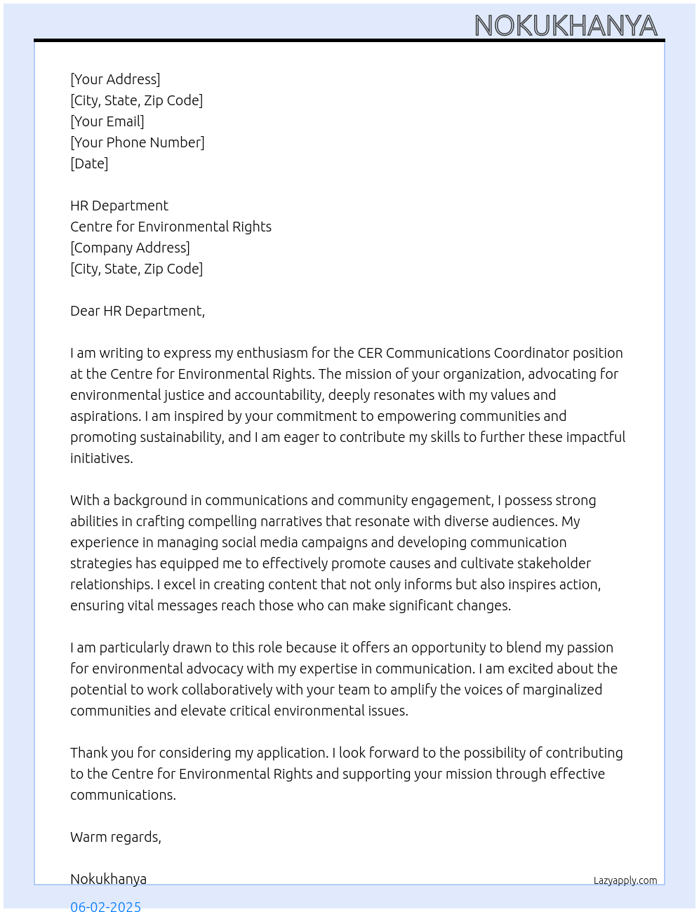 CER Communications Coordinator  At Centre for Environmental Rights  Cover Letter