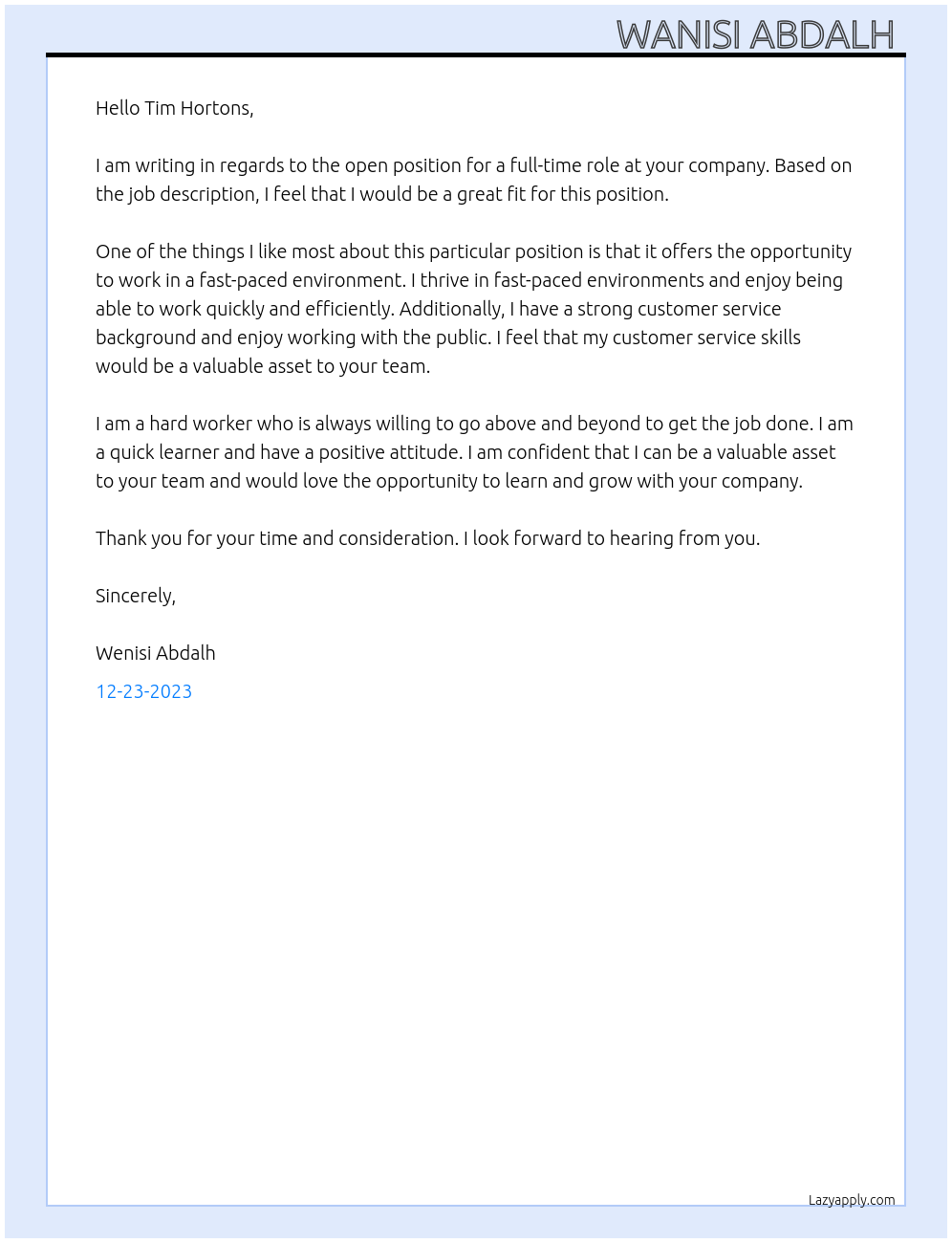 Tim hortons  At Tim hortons  Cover Letter