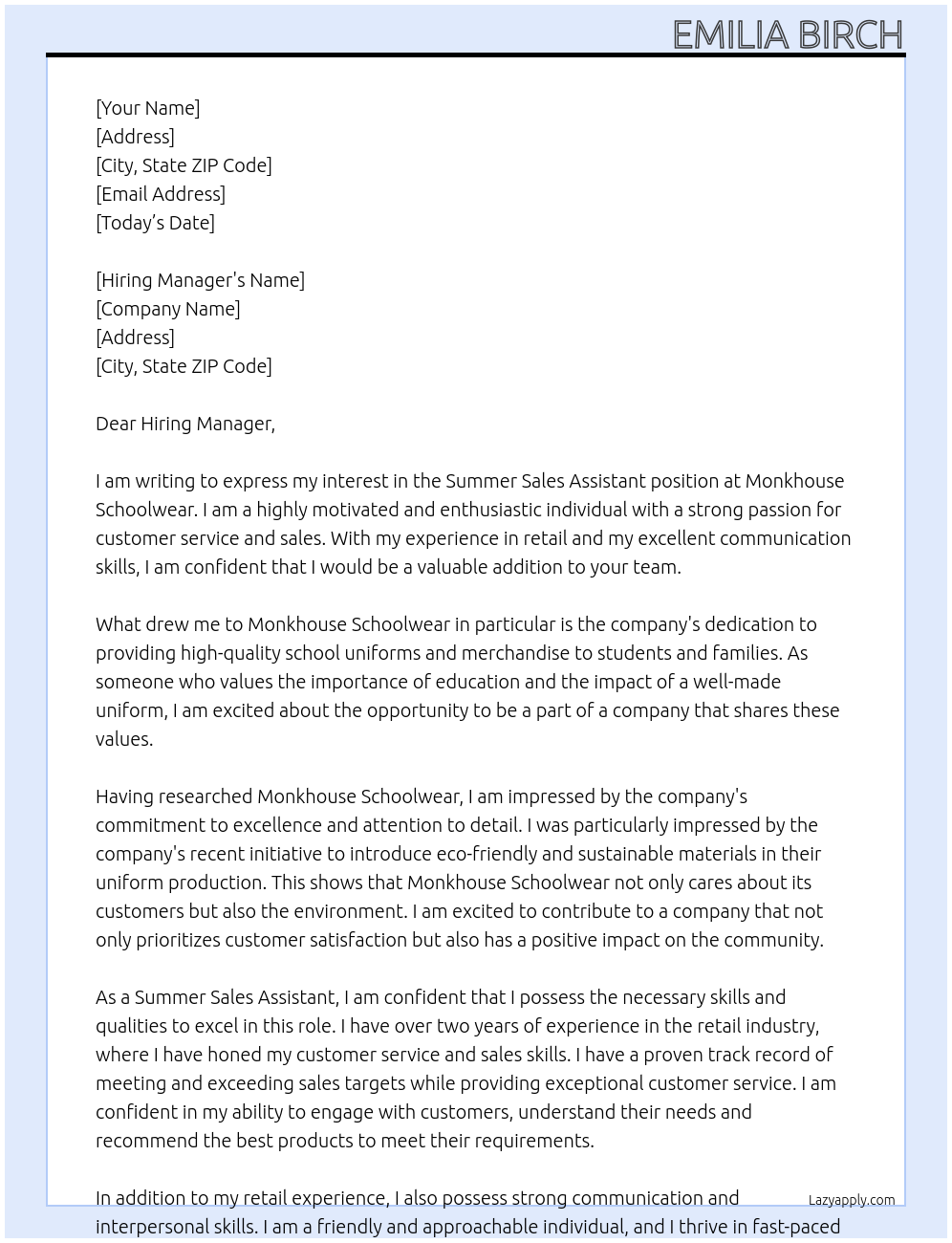 Summer Sales Assistant At Monkhouse Schoolwear Cover Letter