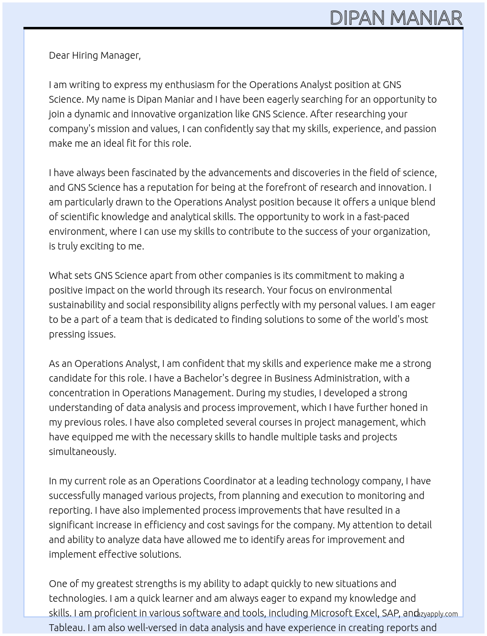 Operations Analyst At GNS Science Cover Letter