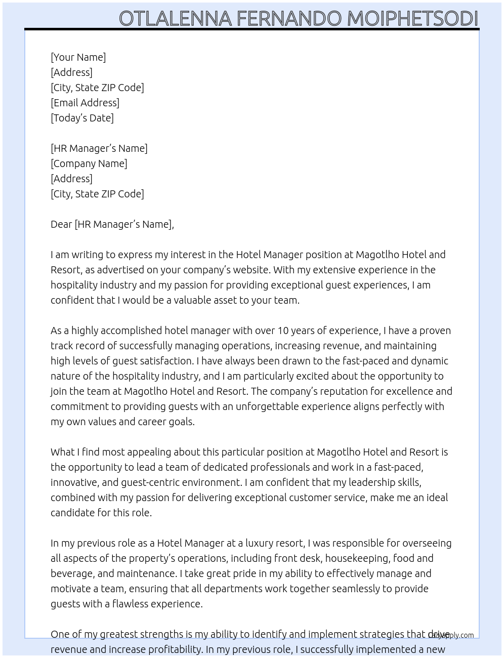 Hotel Manager At Magotlho Hotel and Resort Cover Letter