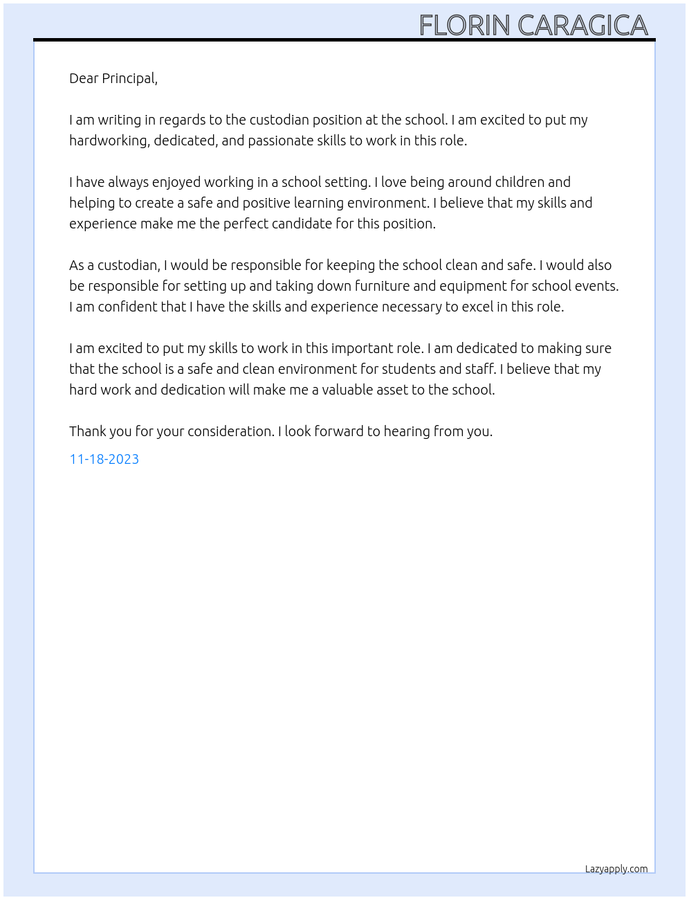 custodian At school Cover Letter