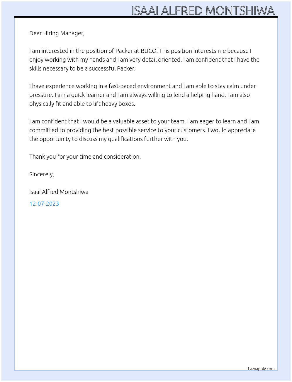 Packer At BUCO Cover Letter