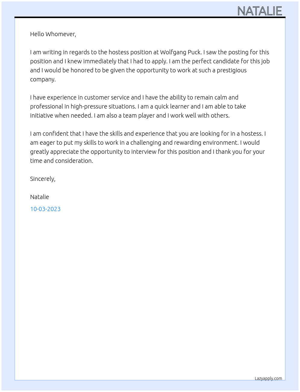 Hostess At Wolfgang Puck Cover Letter