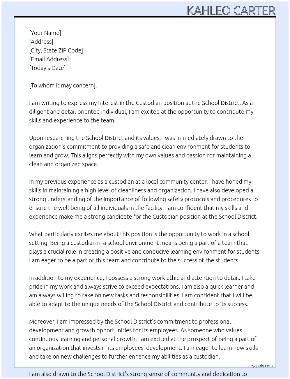 Custodian At School District Cover Letter