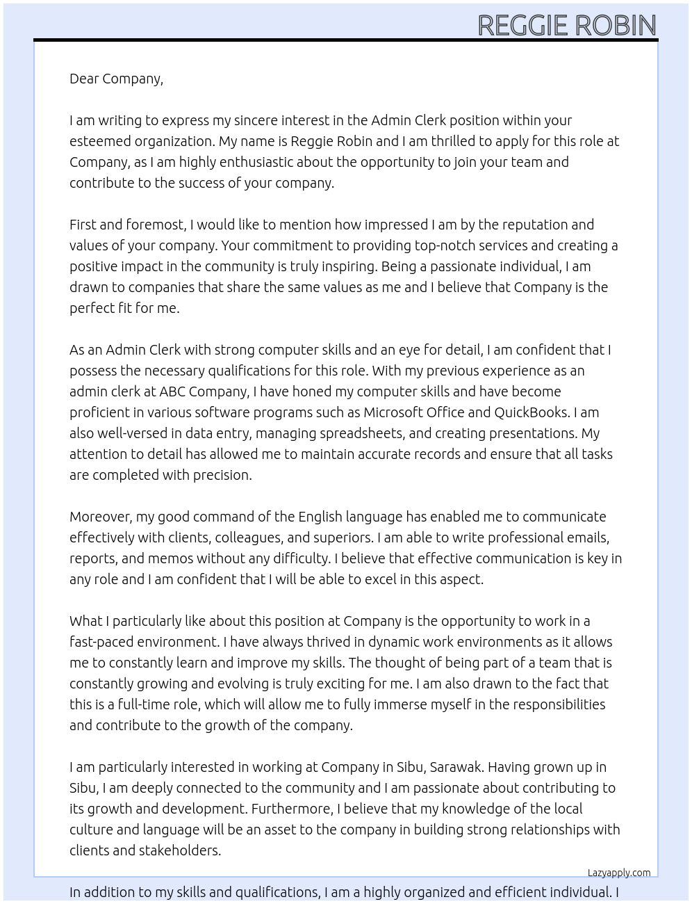 admin clerk At Company Cover Letter