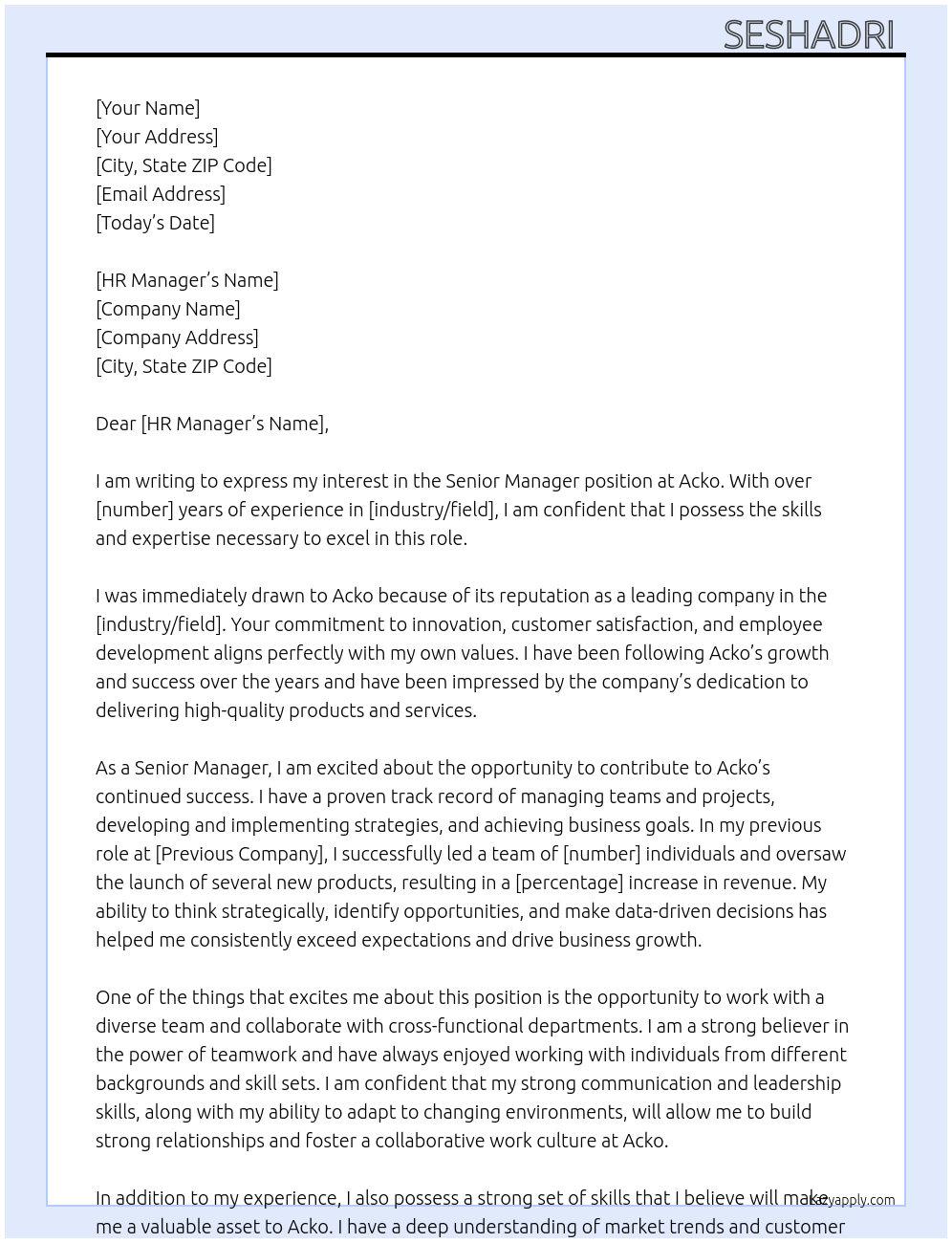 Sr manager At Acko Cover Letter