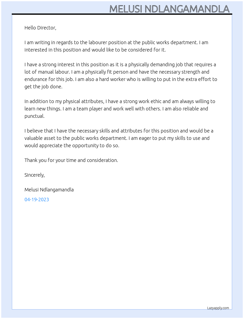 Labourer At Public works department Cover Letter