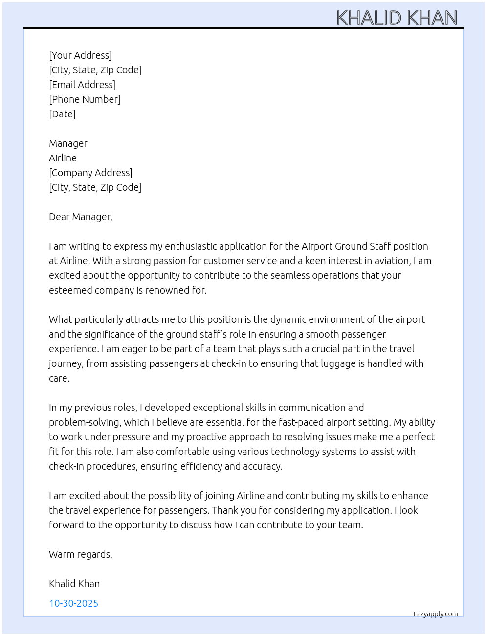 Airport ground staff At Airline Cover Letter