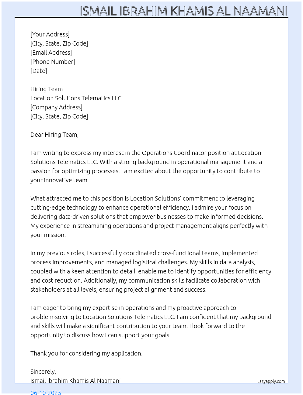 Operations Coordinator At Location Solutions Telemetics LLC. Cover Letter