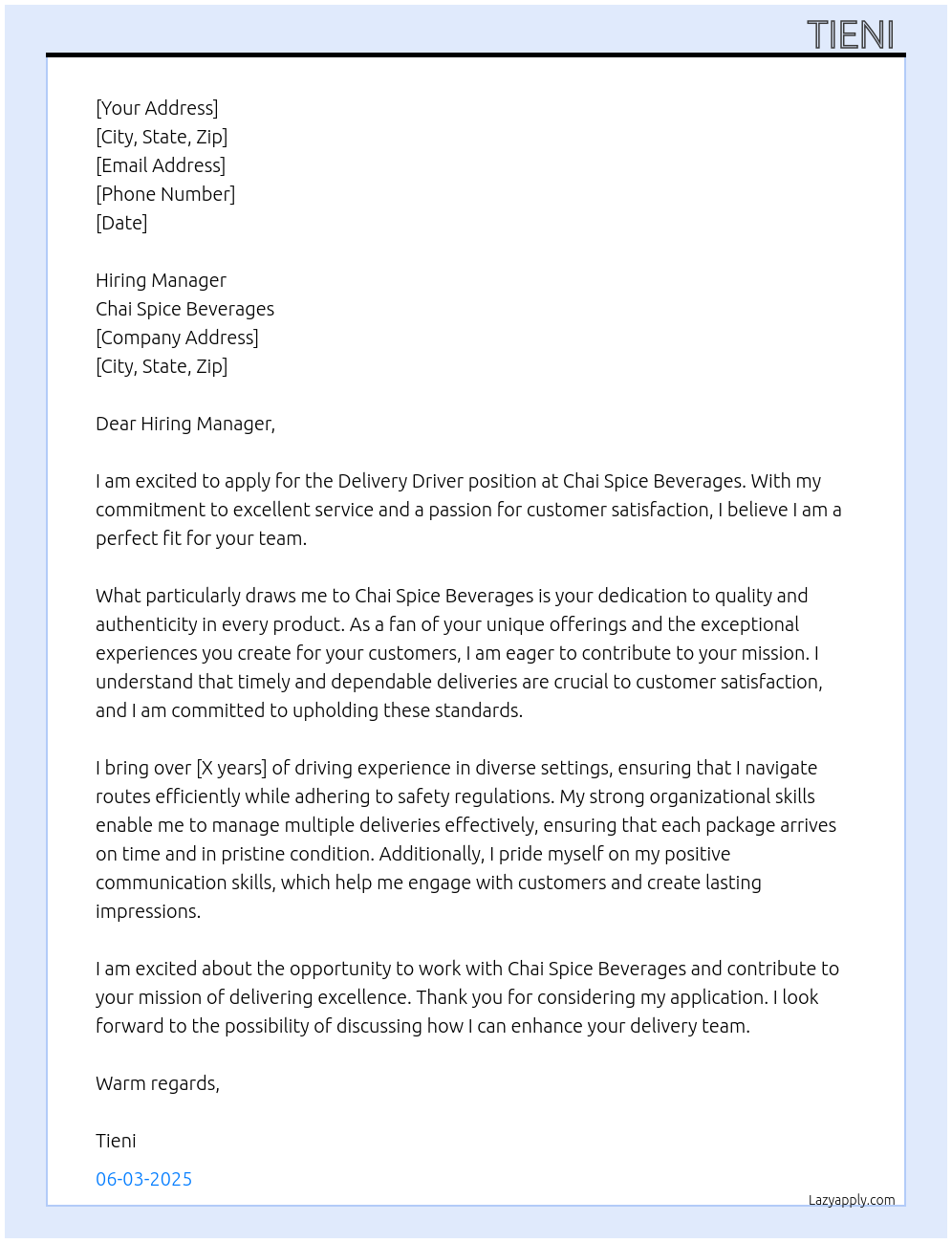 Delivery Driver At Chai Spice Beverages Cover Letter