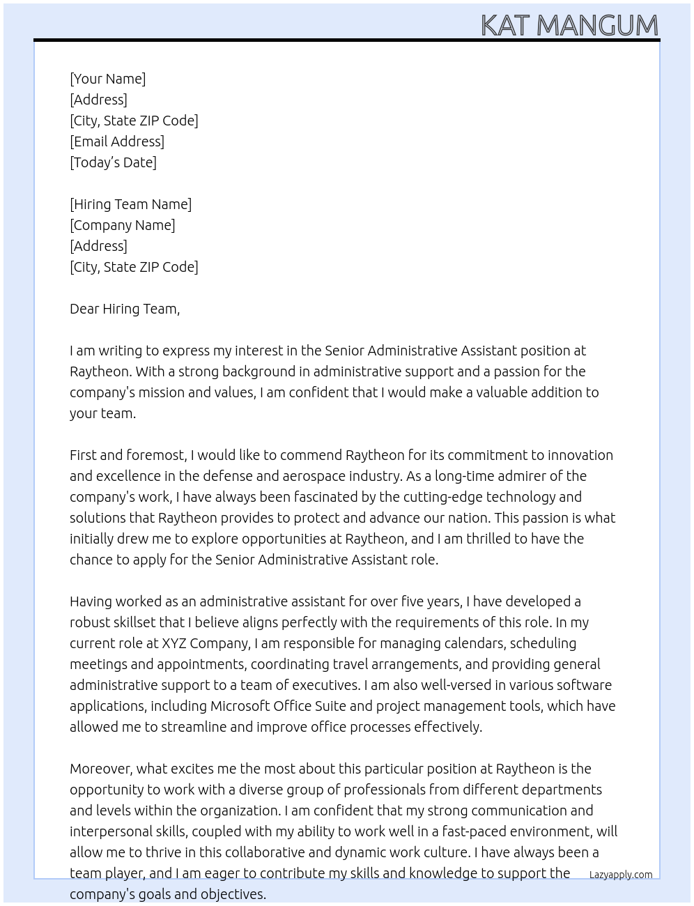 Senior Administrative assistant At Raytheon Cover Letter