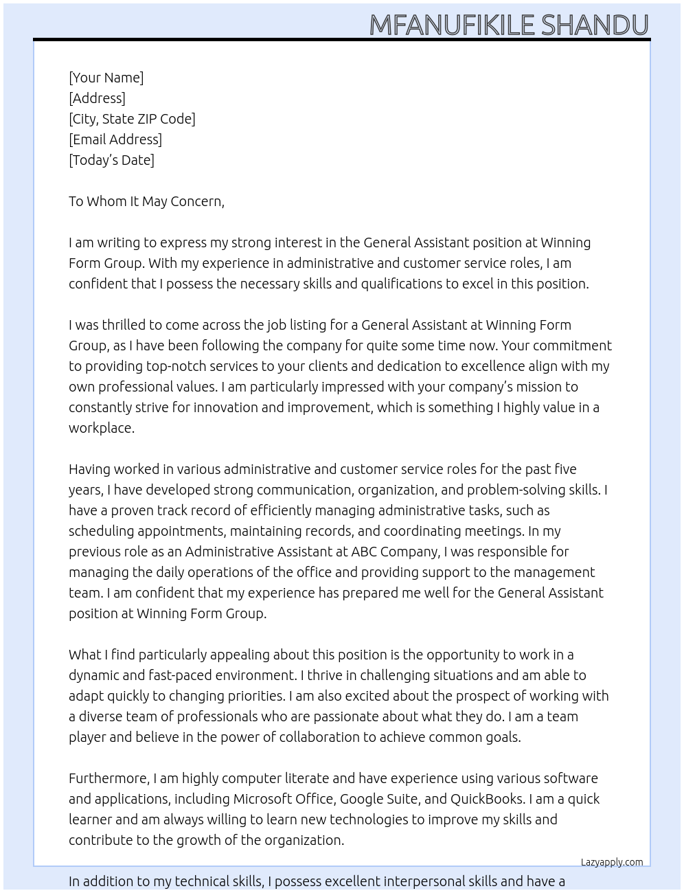 General Assistant At Winning Form Group Cover Letter