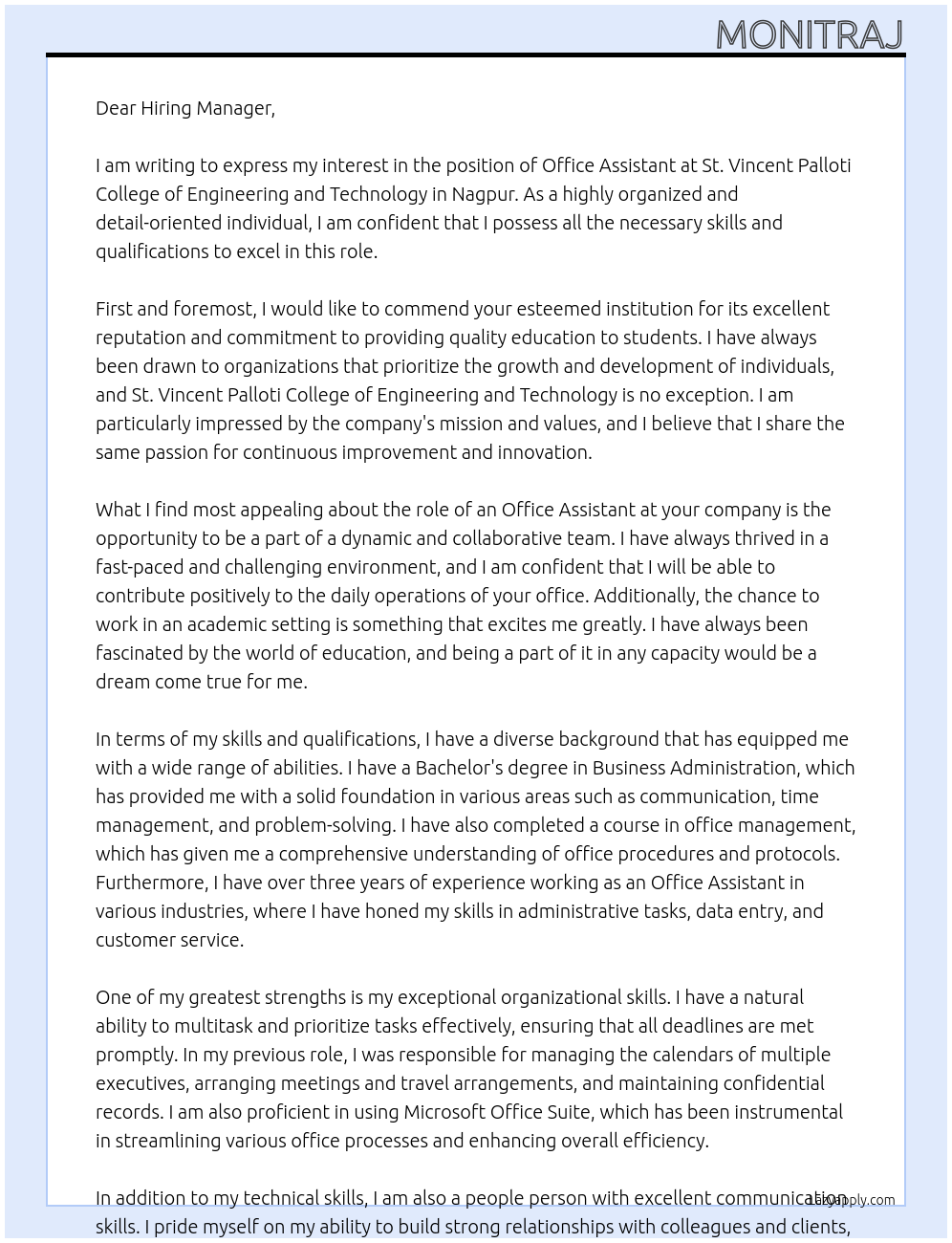 office assistance At st vincent palloti college of engineering and technology nagpur Cover Letter