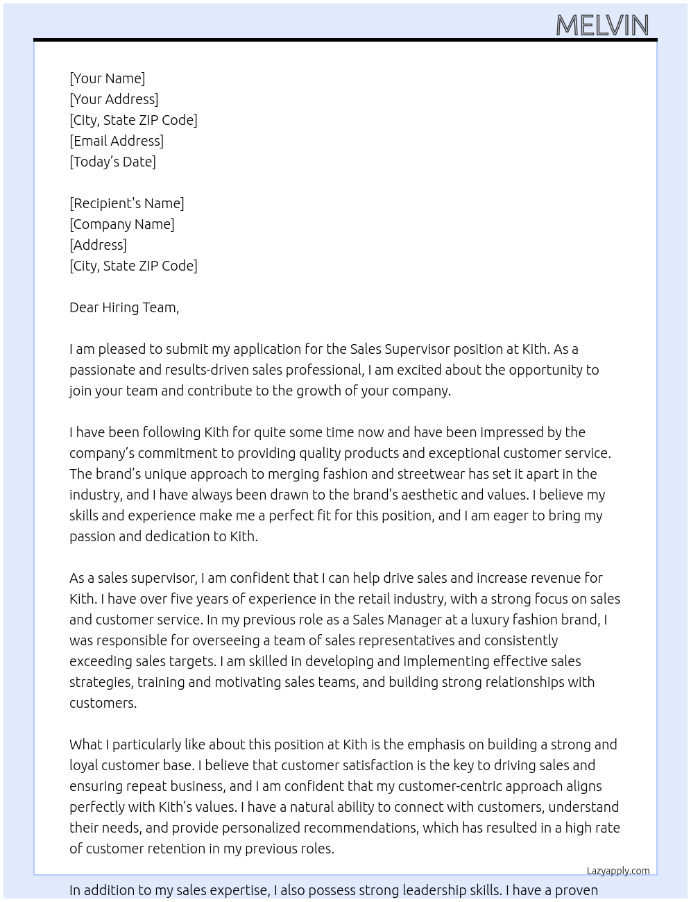 Sales supervisor  At Kith Cover Letter