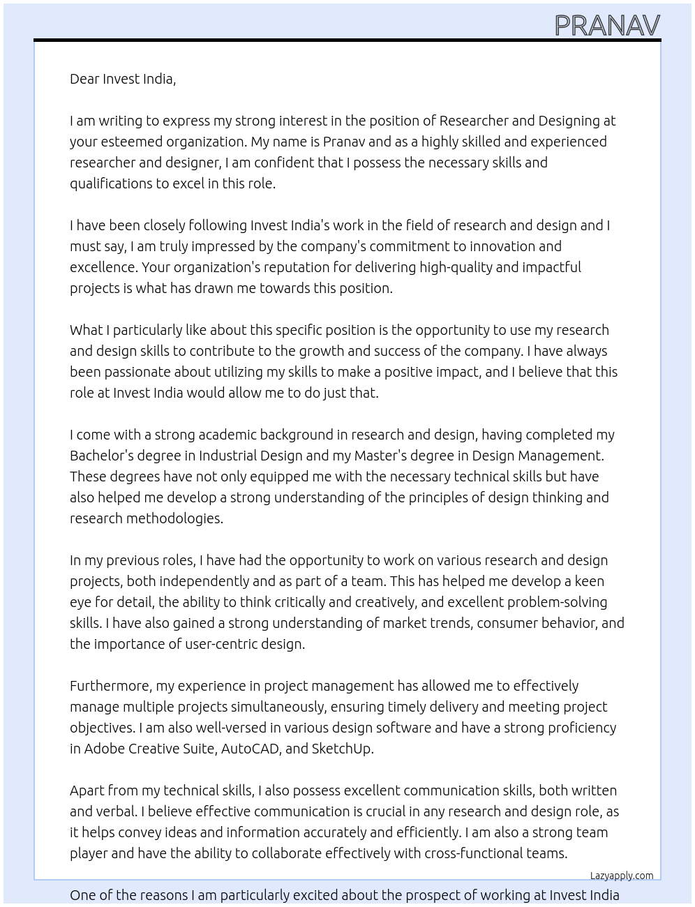 Researcher and Designing At Invest India Cover Letter