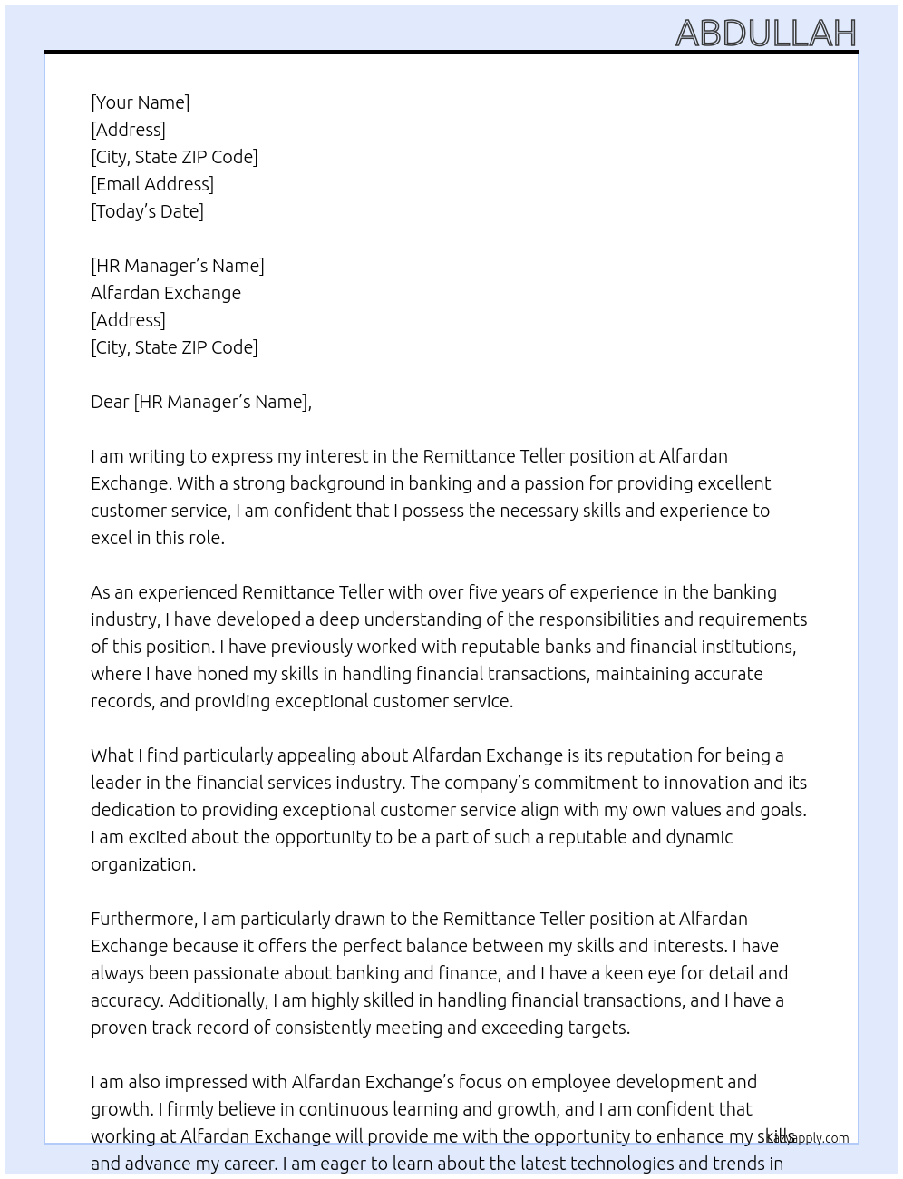 Remittance Teller At Alfardan Exchange Cover Letter