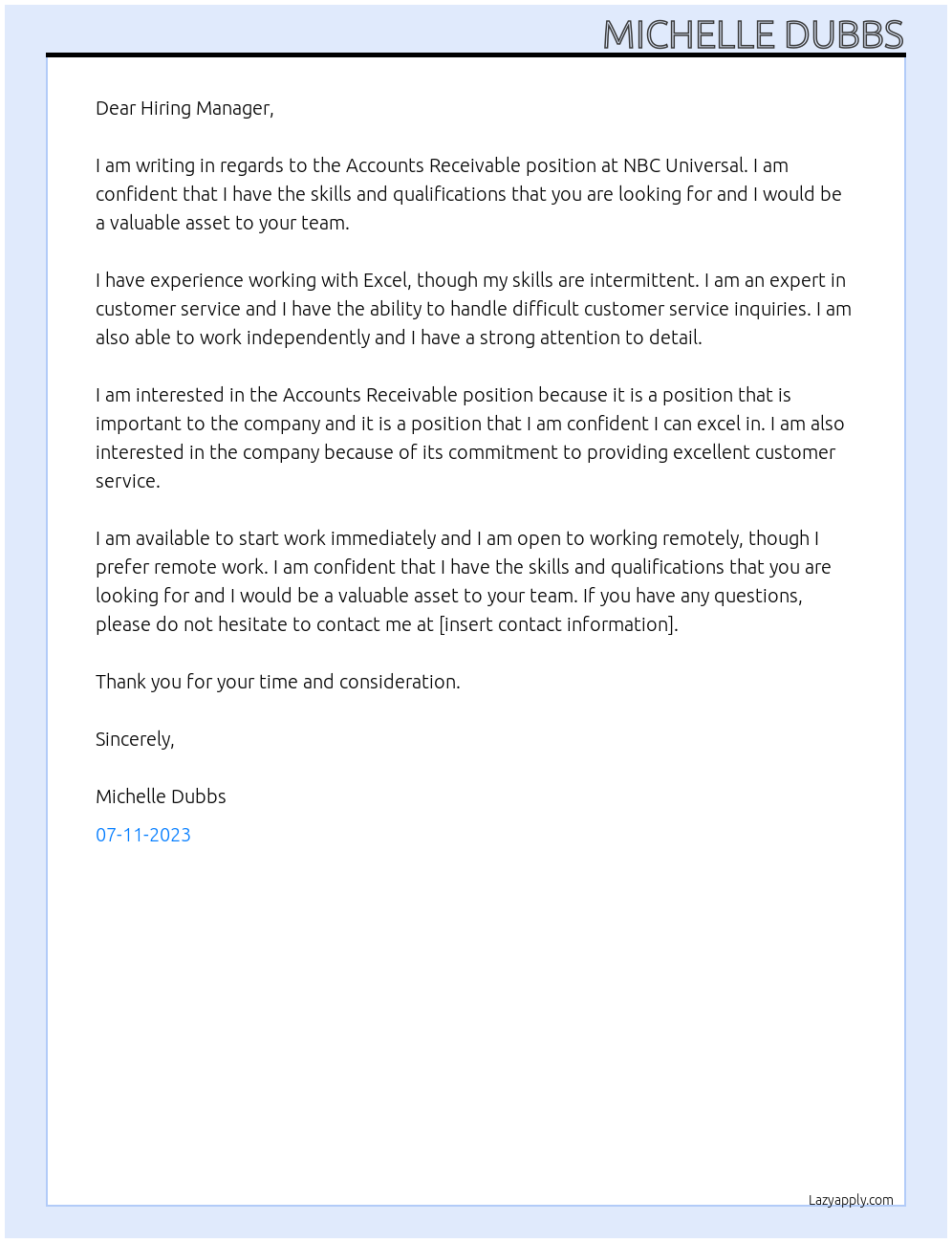 Accounts Receivable At NBC Universal Cover Letter