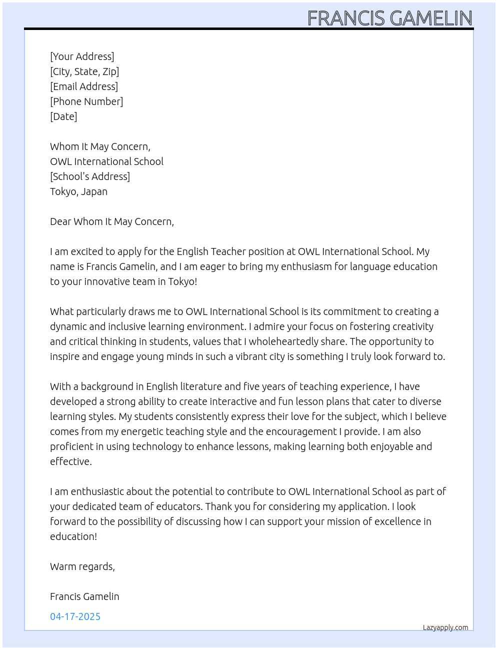 English teacher At OWL International School Cover Letter