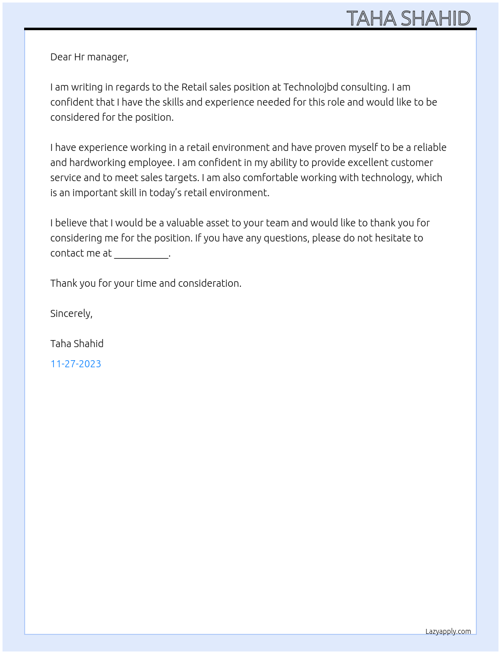 Retail sales At Technolojbd consulting Cover Letter